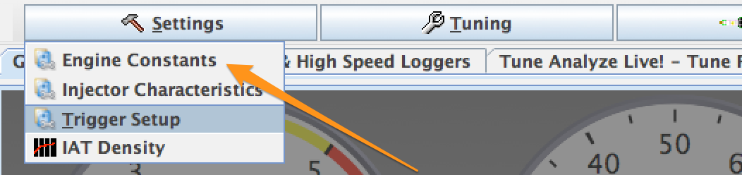 Engine constants menu
